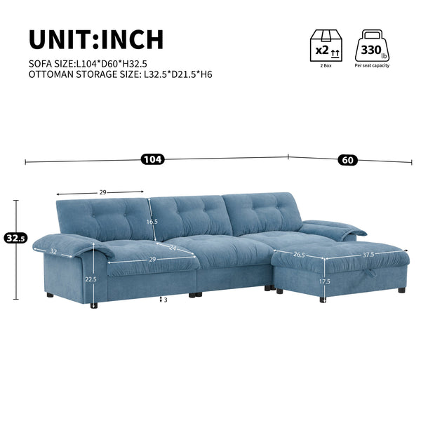English Elm 104*60" Sectional Sofa with Hidden Ottoman Storage, Tufted Chenille, USB Ports, Cup Holder Light Blue N723S9806C
