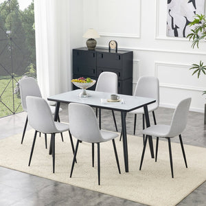 English Elm Table and Chair Set Marble Glass Top Dining with Six Gray Linen Upholstered Seats W1151S04658