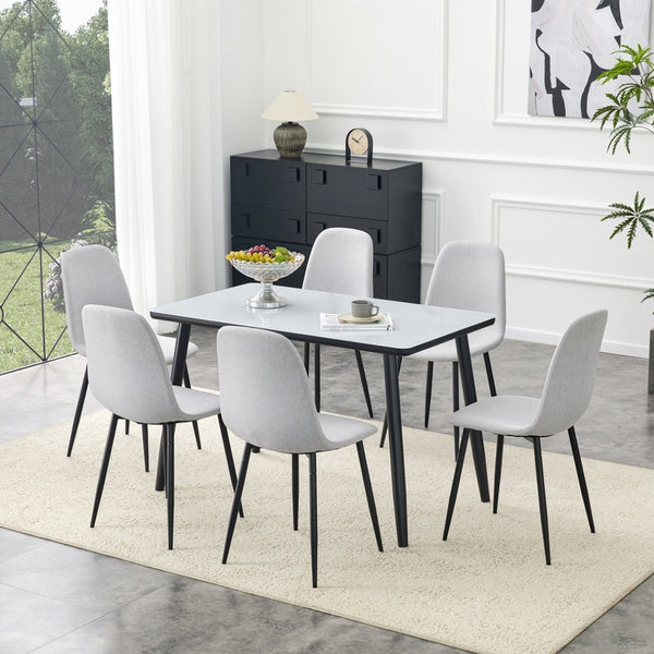 English Elm Table and Chair Set Marble Glass Top Dining with Six Gray Linen Upholstered Seats W1151S04658