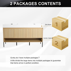English Elm 60" Oak Bathroom Vanity Combo with Resin Basin, 4-Door Storage, Multi-Layer Wood Frame, Modern Elegance W1972S00011