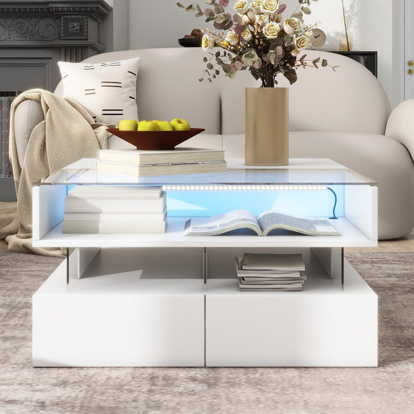 English Elm VIBE Lift-Top Coffee Table with Glass Top, Hidden Storage & LED Ambience, Modern High-Gloss Centerpiece White N724P290043K