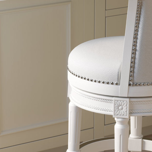 English Elm 26in. Wood High-back Swivel Barstool Farmhouse Style Nailhead Upholstered Kitchen Seat White B2751P436430