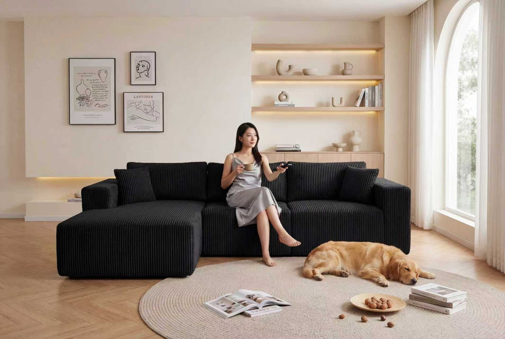English Elm Modular Cloud Sectional with Deep Lounge Seat Corduroy Upholstered L-shape Living Room Sofa W1919S00006