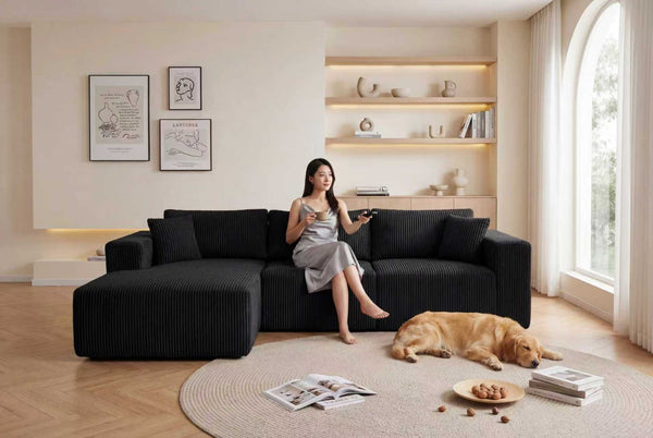 English Elm Modular Cloud Sectional with Deep Lounge Seat Corduroy Upholstered L-shape Living Room Sofa W1919S00006