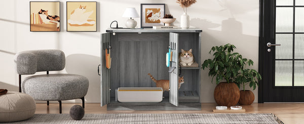 English Elm Cat Litter Box Cabinet Gray Mdf with Built-in Power Outlet and Geometric Door Design N704P414606E