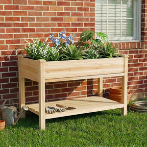 English Elm Raised Wood Planter Bed Counter Height Ergonomic Design with Drainage Tray and Tool Shelf W3166P444935