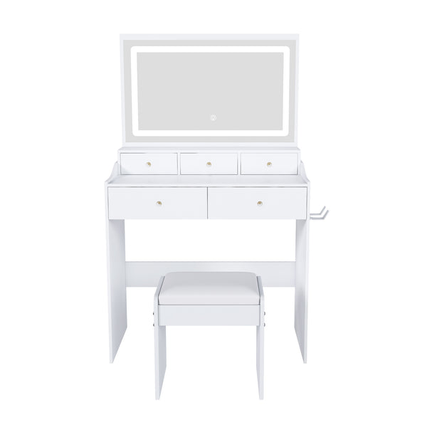 English Elm New Large Mirror Vanity Desk with 5 Drawers, Built-In Outlet & Hairdryer Holder, 3-Mode LED Lighting White W509P339034