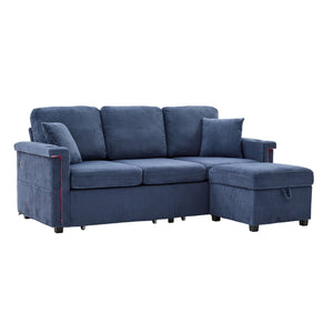 English Elm UNITED Corduroy L-Shaped Sectional Sofa with Storage Ottoman, USB Ports, Cup Holders & LED Lighting Navy W1568P332406
