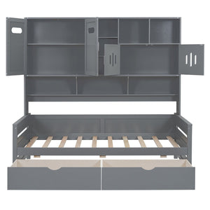 English Elm Twin Size Wooden Daybed With Storage Drawers, Sleek Gray Finish, Cabinet & Shelf For Space-Saving Use N820S00015E-GIGA