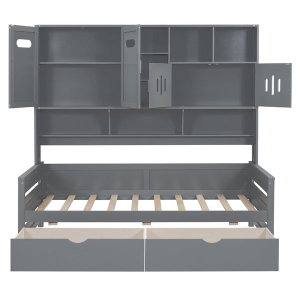 English Elm Twin Size Wooden Daybed With Storage Drawers, Sleek Gray Finish, Cabinet & Shelf For Space-Saving Use N820S00015E-GIGA