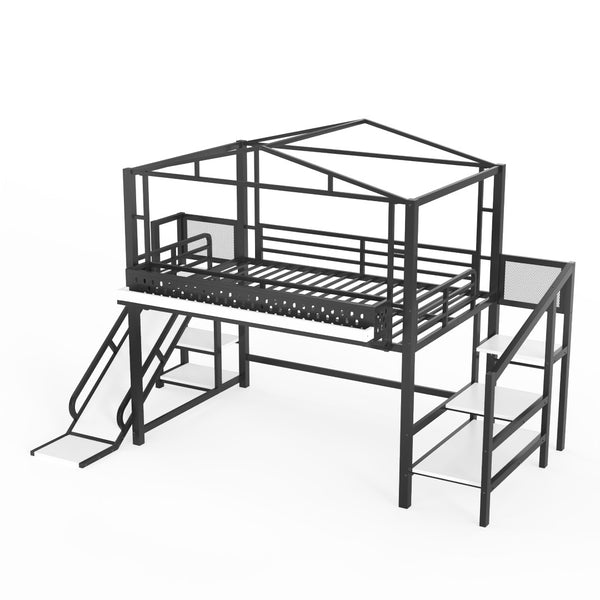 English Elm Twin Metal Loft Bed with Built-in Wardrobe Storage Stairs Led Lights and Usb Ports W5316S00047