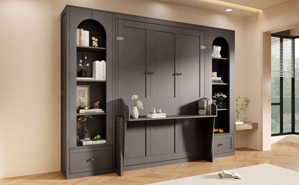 English Elm Queen Murphy Bed with Led Lighting Side Cabinets Shelving and Fold Down Desk Panel Gray N7090002226E-1