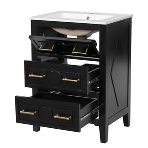 English Elm 24'' Bathroom Vanity with Ceramic Sink and 3 Drawers Retro Solid Wood Frame Freestanding Storage Black N710P371184B