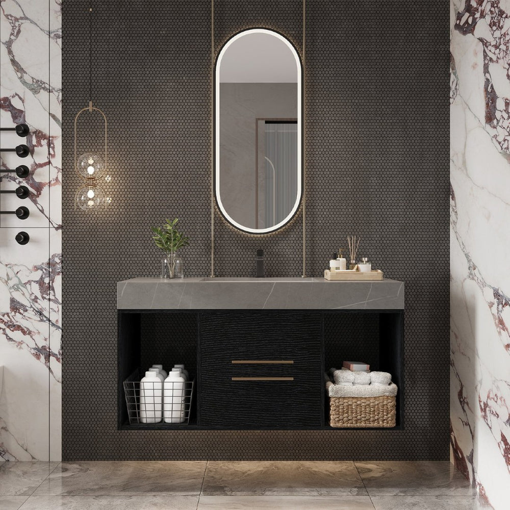 English Elm 39.4 Inch Floating Bathroom Vanity Sintered Stone Top Solid Wood 2 Soft Close Drawers W3136S00037