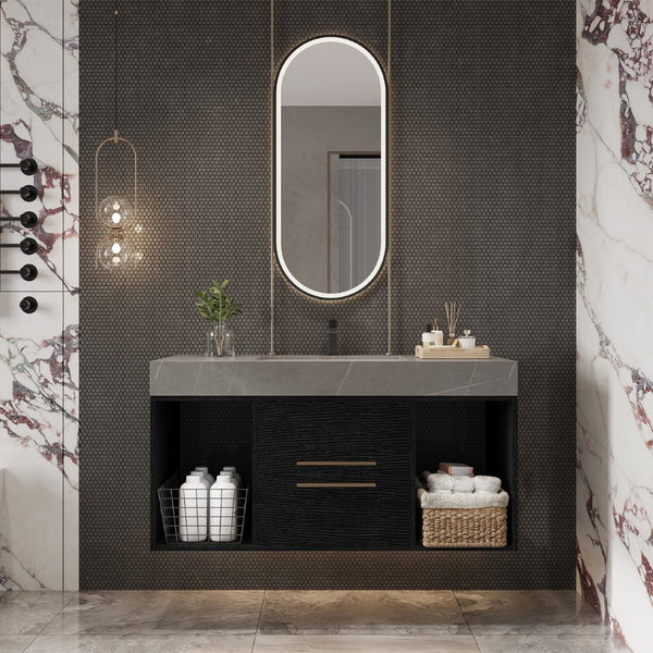 English Elm 39.4 Inch Floating Bathroom Vanity Sintered Stone Top Solid Wood 2 Soft Close Drawers W3136S00037
