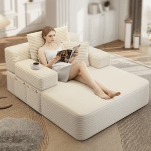 English Elm Luxurious Corduroy Convertible Chaise Lounge Sofa Bed with Foam Support for Apartments Beige W3219P449012