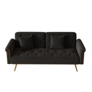 English Elm A Velvet 69.7" Sofa Bed with Gold Legs, Nailhead Trim, 2-Seater Convertible Sofa with Pillow Black W3356P298444