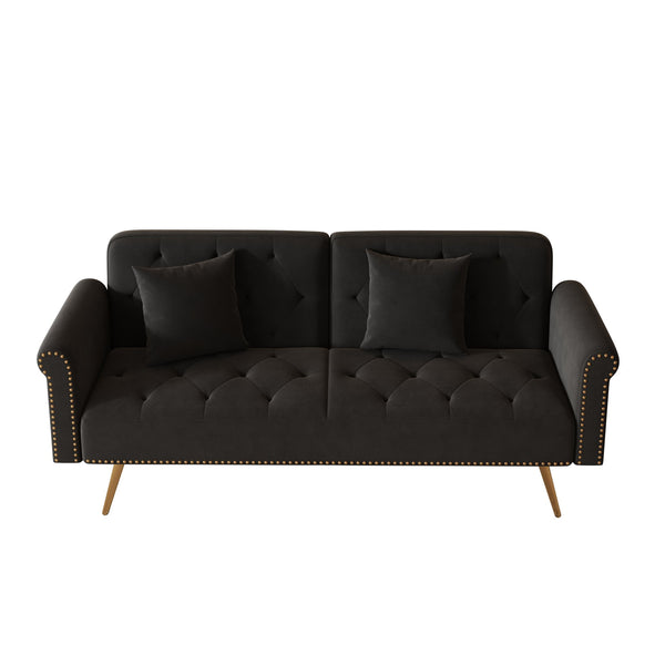 English Elm A Velvet 69.7" Sofa Bed with Gold Legs, Nailhead Trim, 2-Seater Convertible Sofa with Pillow Black W3356P298444