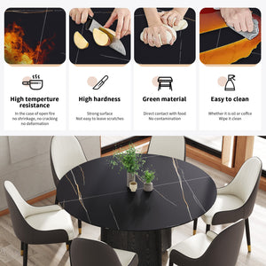 English Elm 59.05" Round Marble Dining Table - Stylish Oak Base For 6-8 People, Modern Scratch-Resistant Top W1535S00381
