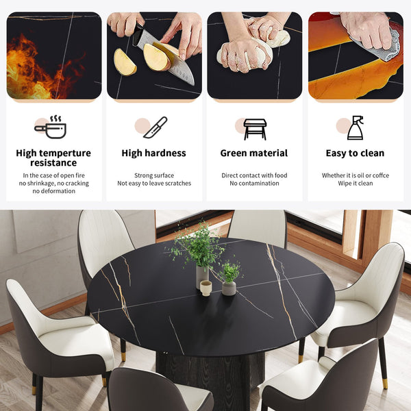 English Elm 59.05" Round Marble Dining Table - Stylish Oak Base For 6-8 People, Modern Scratch-Resistant Top W1535S00381