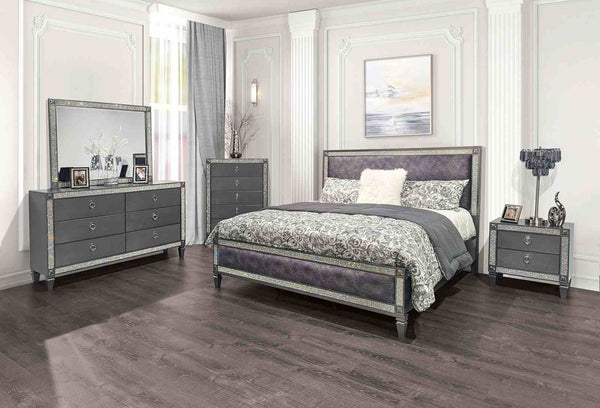 English Elm Glam Two Drawer Nightstand with Acrylic Trim Nickel Pulls and Tapered Legs in Gray B2741P435898