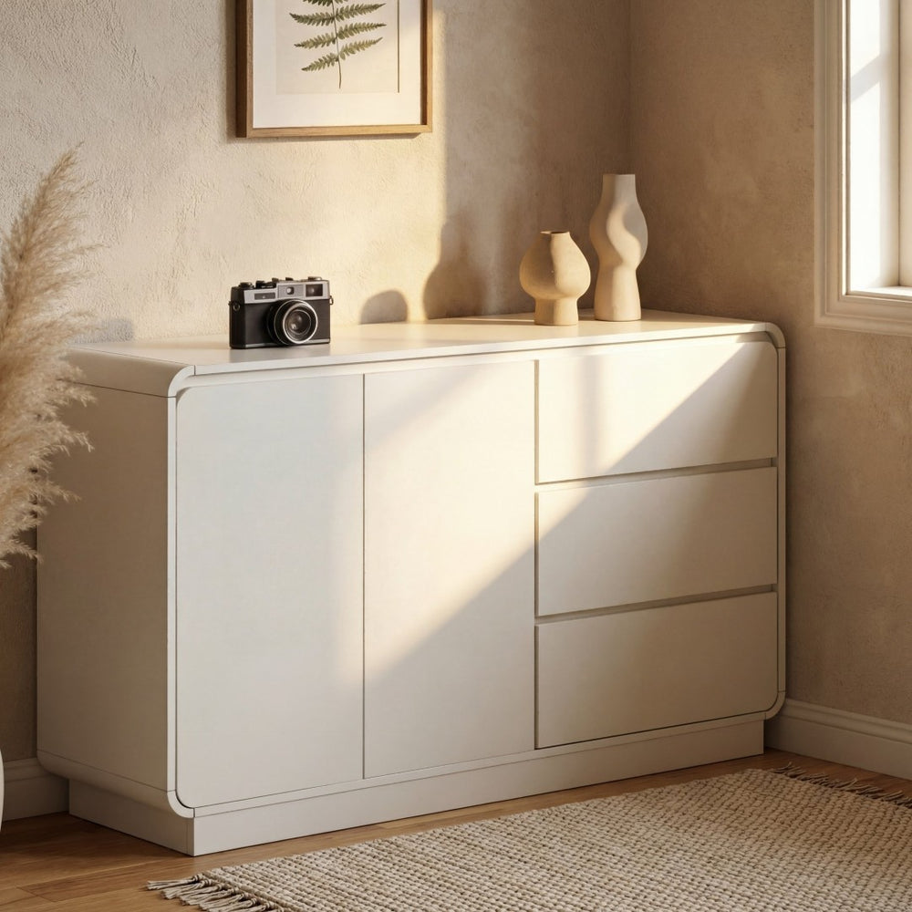 English Elm Modern White Sideboard with Soft Close Drawers and Doors for Dining or Living Rooms N779P373190W_N779P373191W