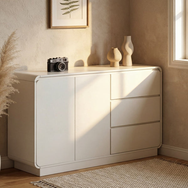 English Elm Modern White Sideboard with Soft Close Drawers and Doors for Dining or Living Rooms N779P373190W_N779P373191W