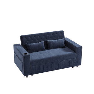 English Elm 61.4" Pull-out Sofa Bed Loveseat with Adjustable 3-Position Backrest, USB Ports, Cup Holders, Storage Rack Blue N719S001900C