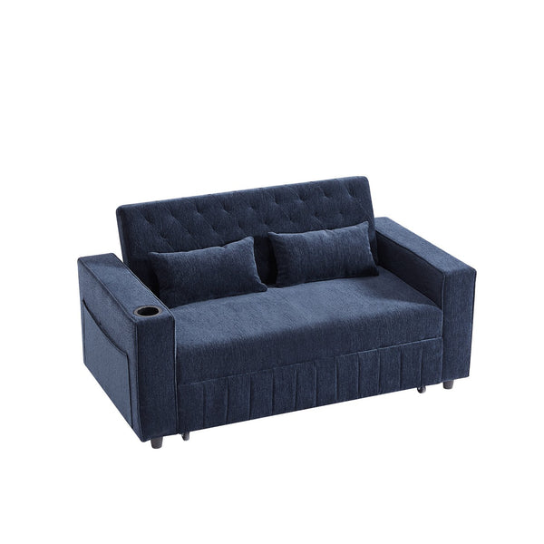 English Elm 61.4" Pull-out Sofa Bed Loveseat with Adjustable 3-Position Backrest, USB Ports, Cup Holders, Storage Rack Blue N719S001900C