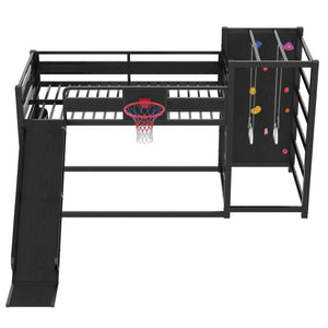 English Elm Twin Metal Loft Bed with Slide Basketball Hoop Climbing Wall and Built-in Shelves Black W1580S00342