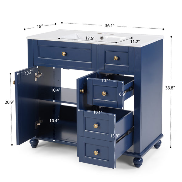 English Elm 36" Modern Grey Bathroom Vanity with Ceramic Sink, Solid Wood Frame, Soft-Close Drawers, Organizer Storage Blue W2896P344087
