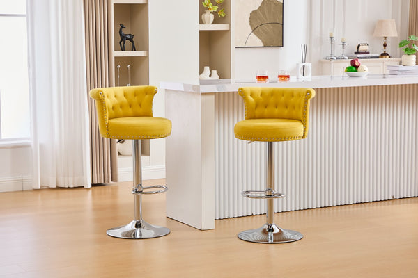 English Elm COOLMORE Velvet Bar Stool with Anti-Slip Large Base, Adjustable 360° Swivel, Plush Foam Comfort Yellow W1539P320508