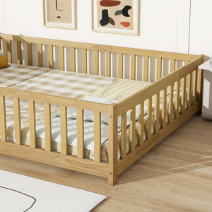 English Elm Twin Size Rubberwood Floor Bed with Safety Fence for Toddler Rooms Natural Finish W504P370533