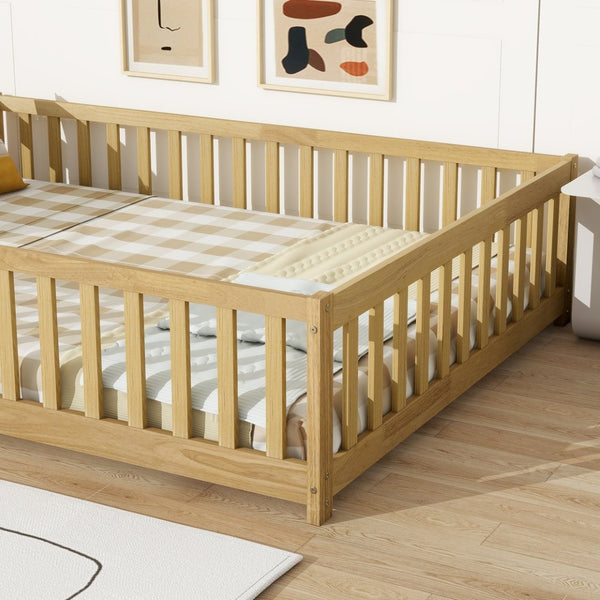 English Elm Twin Size Rubberwood Floor Bed with Safety Fence for Toddler Rooms Natural Finish W504P370533