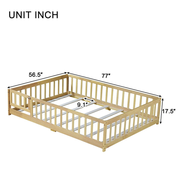 English Elm Twin Size Rubberwood Floor Bed with Safety Fence for Toddler Rooms Natural Finish W504P370533