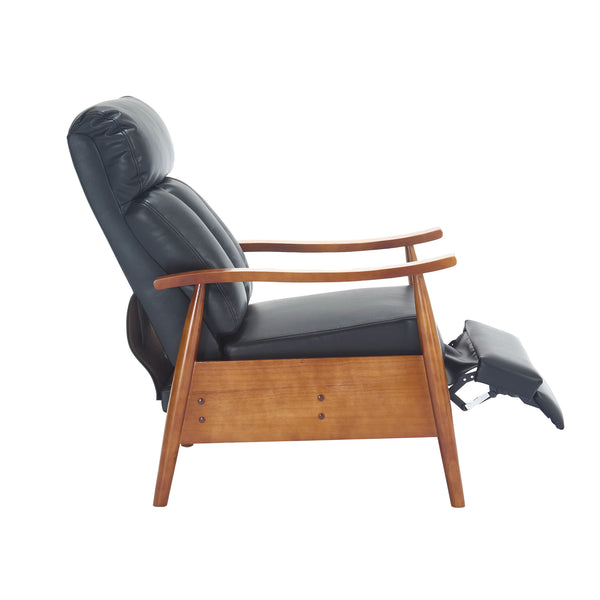 English Elm COOLMORE Mid-Century Recliner Armchair with Footrest, Plush Foam Cushion, Solid Wood Frame Comfort Black PU W1539P210125
