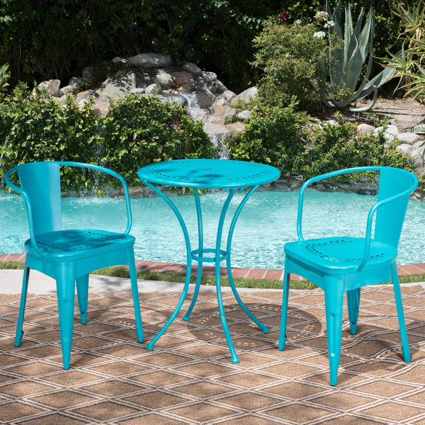 English Elm Christopher Knight Home® - LOURDES 3 PC KD METAL SET Bistro Patio 3-Piece Cast Iron Table & 2 Stackable Cafe Chairs, Weatherproof Elegance Teal 56559.00MCT