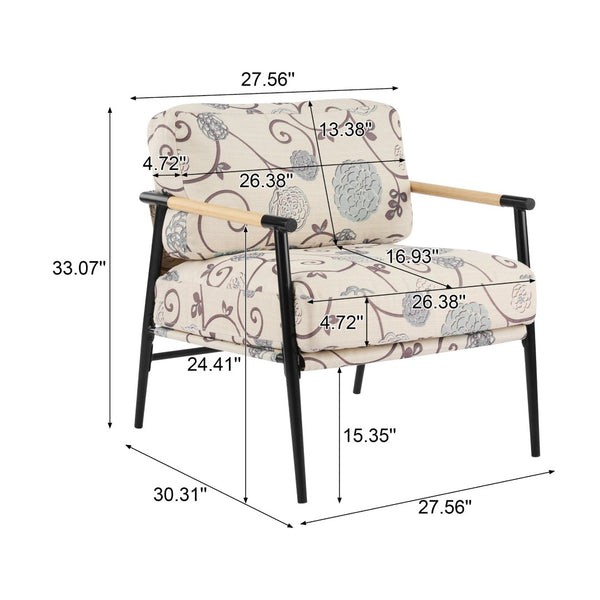 English Elm 27.56" Minimalist Accent Chair Padded Cushions Black Metal Wood Armrest Seating N767P215306W