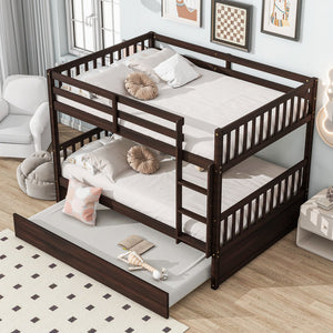 English Elm Full Over Full Bunk Bed With Twin Trundle, Ladder & Guardrails – Stylish Espresso Design & Versatile! W504S00227