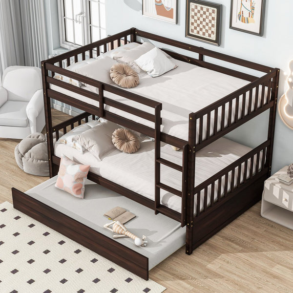 English Elm Full Over Full Bunk Bed With Twin Trundle, Ladder & Guardrails – Stylish Espresso Design & Versatile! W504S00227