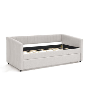 English Elm Twin Size Daybed With Trundle - Elegant Upholstered Sofa Bed In Beige Linen With Stripes, Space-Saving W1413S00090-GIGA