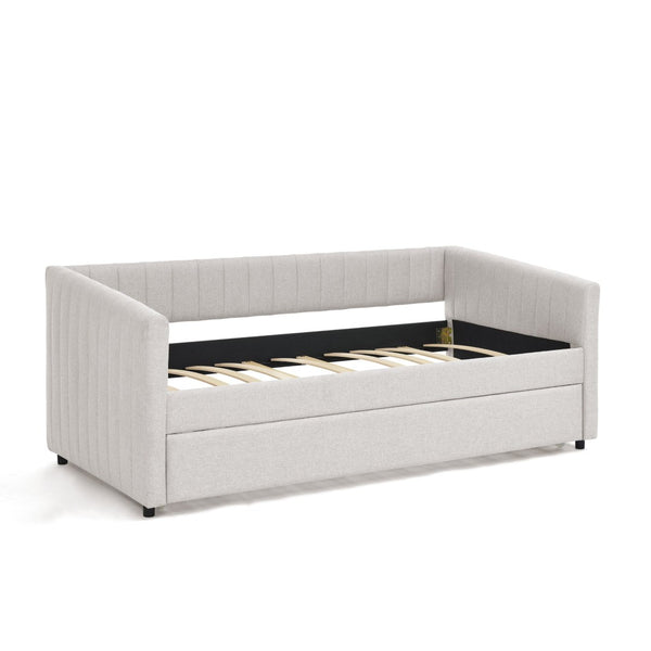 English Elm Twin Size Daybed With Trundle - Elegant Upholstered Sofa Bed In Beige Linen With Stripes, Space-Saving W1413S00090-GIGA