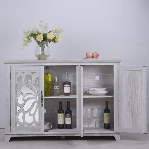 English Elm 49.33" Mirrored Lattice Buffet Cabinet with Adjustable Shelves Vintage Wood Grain Sideboard Light Gray W2899P372742