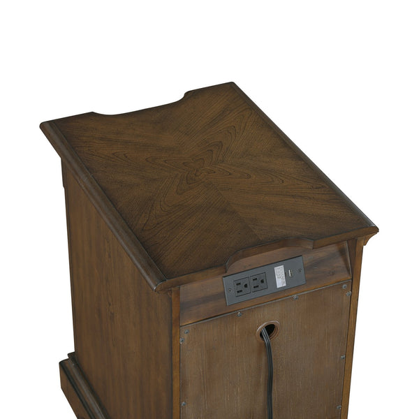 English Elm Classic Chairside Table with Fluted Pilasters, Glass Door, Adjustable Shelf and Built-In Charging Ports Brown 19.5 L x 26 W x 30 H B011P387120