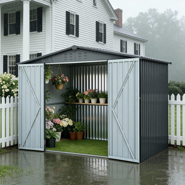 English Elm Metal Galvanized Steel Outdoor Shed with Double Doors for Backyard Tool Storage W5006S00001