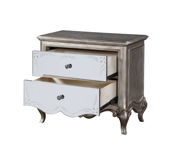 English Elm Esteban Antique Champagne Nightstand with Mirrored Fronts, Felt-Lined Drawer, Crystal Knobs B2726P257373