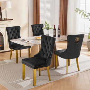 English Elm Mid-Century Velvet Dining Chair with Lion Head Pull Ring, Tufted Solid Wood Seat, Gold Legs Black W1143P193168