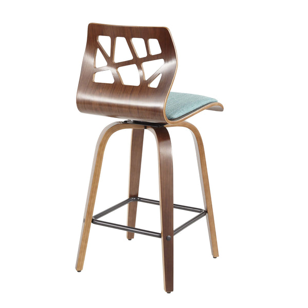 English Elm Folia Mid-Century Modern Counter Stool Set of 2 in Teal Fabric with Walnut Frame, Padded Seat, 250 lb Limit B202P221892