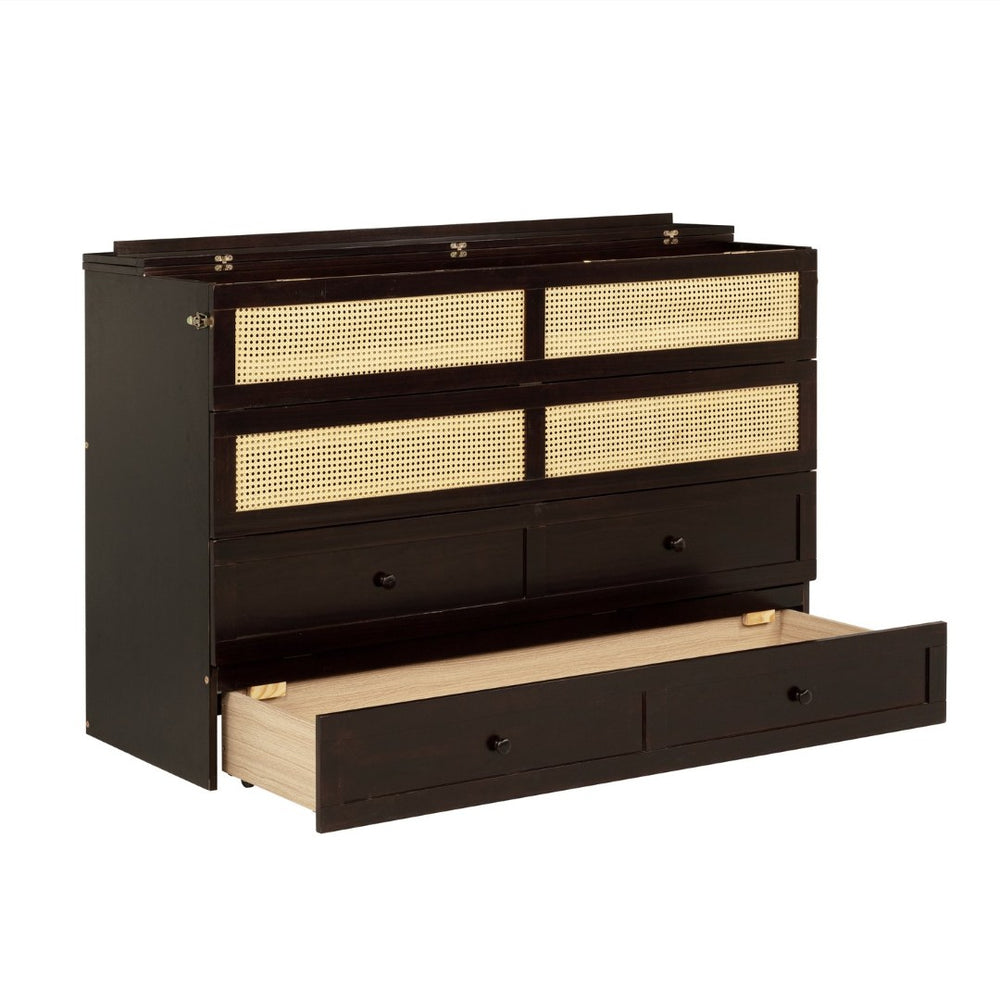 English Elm Queen Size Murphy Bed - Elegant Pine Cabinet With Rattan Accents, Espresso Finish & Storage Drawer W504S00230-GIGA
