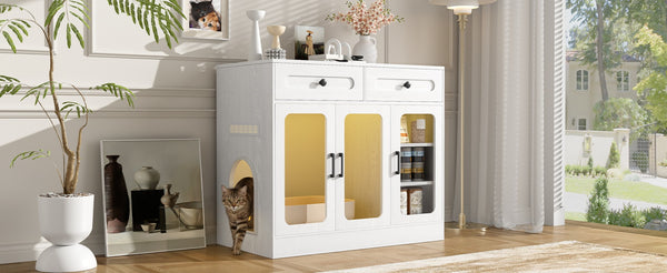English Elm Cat Litter Box Cabinet with Glass Doors Led Light Drawers and Wood Grain Finish White N704P395520K